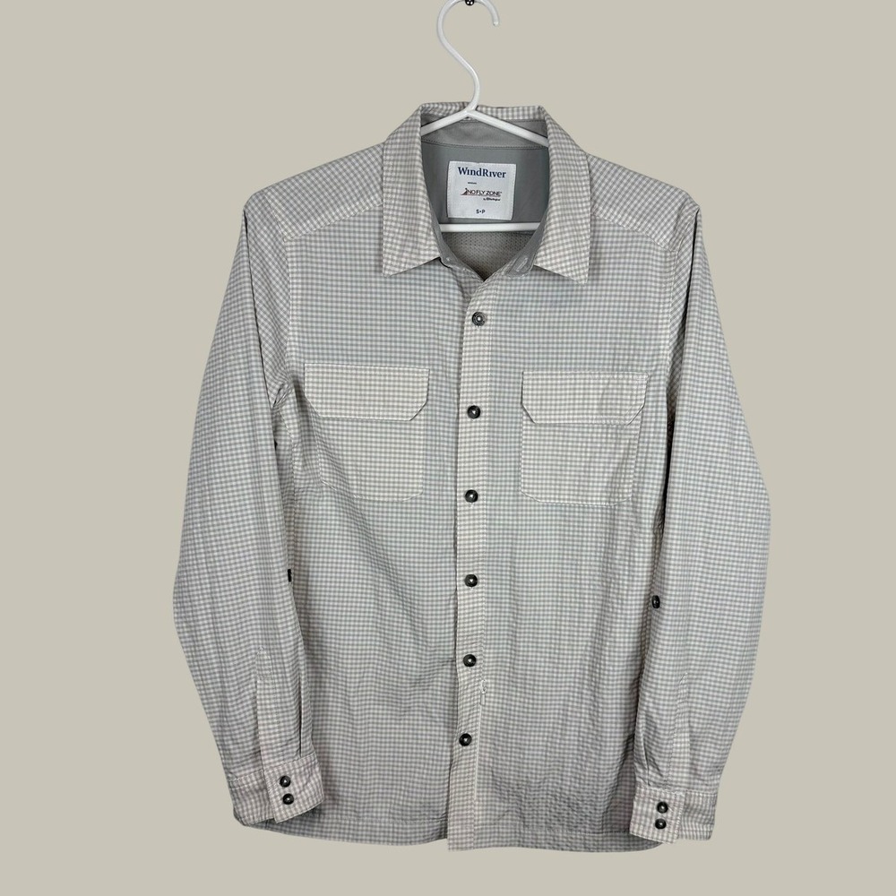 WindRiver No Fly Zone Gingham Hiking Shirt Tan White Roll Tab Sleeve Mens S